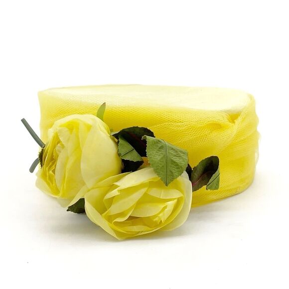 Vintage 1950s Lemon Yellow Pillbox Hat with Roses & Tulle Netting Union Made USA - Picture 3 of 14
